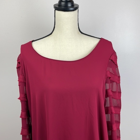 LOFT Long Sleeve Shirt SZ Large Sheer Sleeves with Striping Maroon Red Flowy - Picture 2 of 9